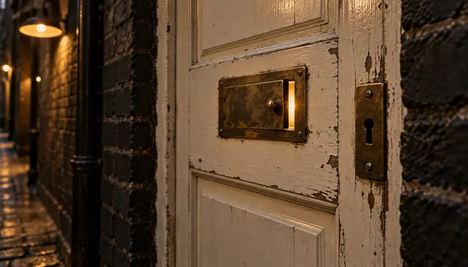 A chipped ivory-painted door in a charcoal brick alley, worn brass keyhole and a small sliding inspection hatch with warm light behind it