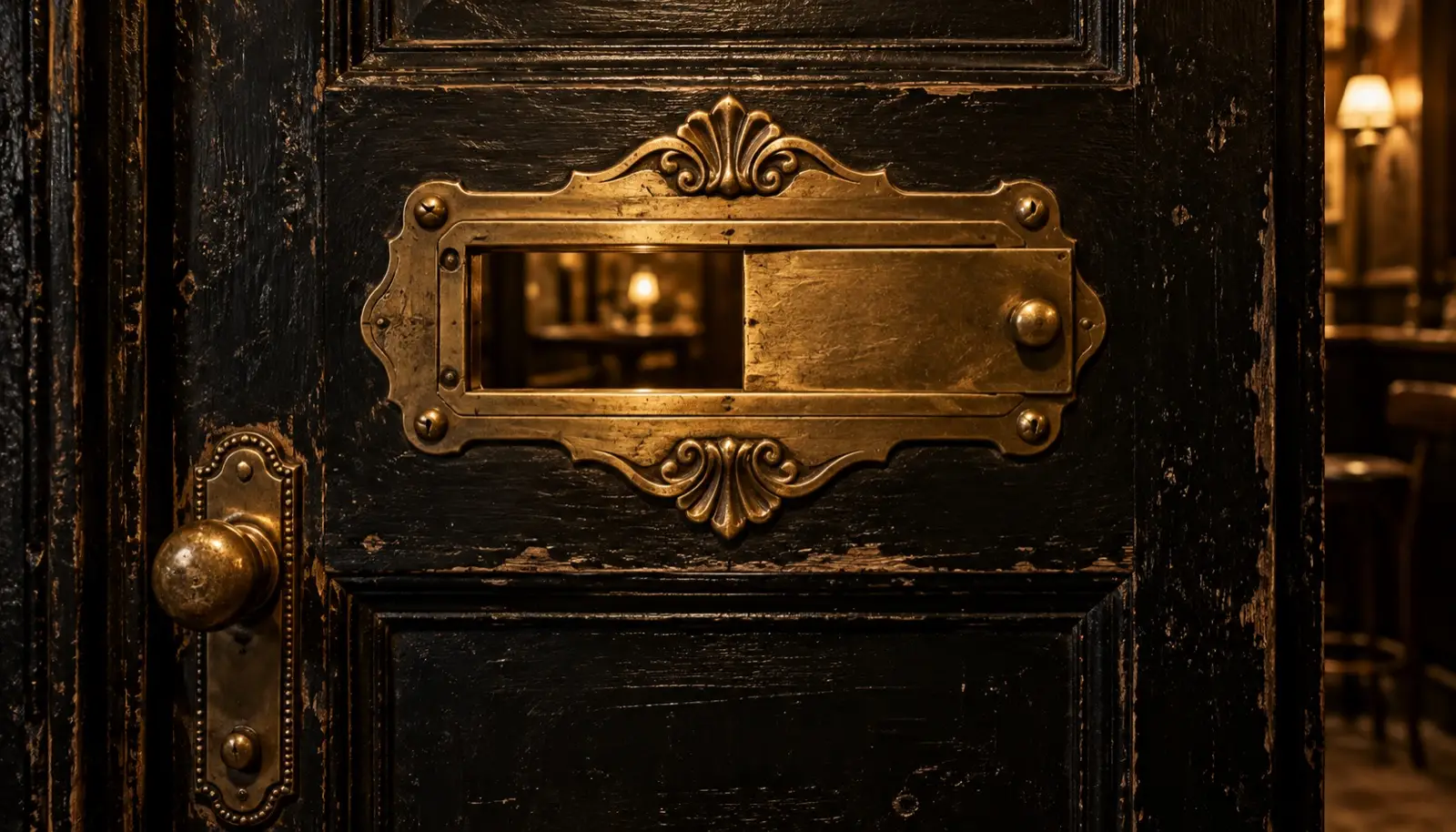Brass sliding inspection slot set into a worn black door