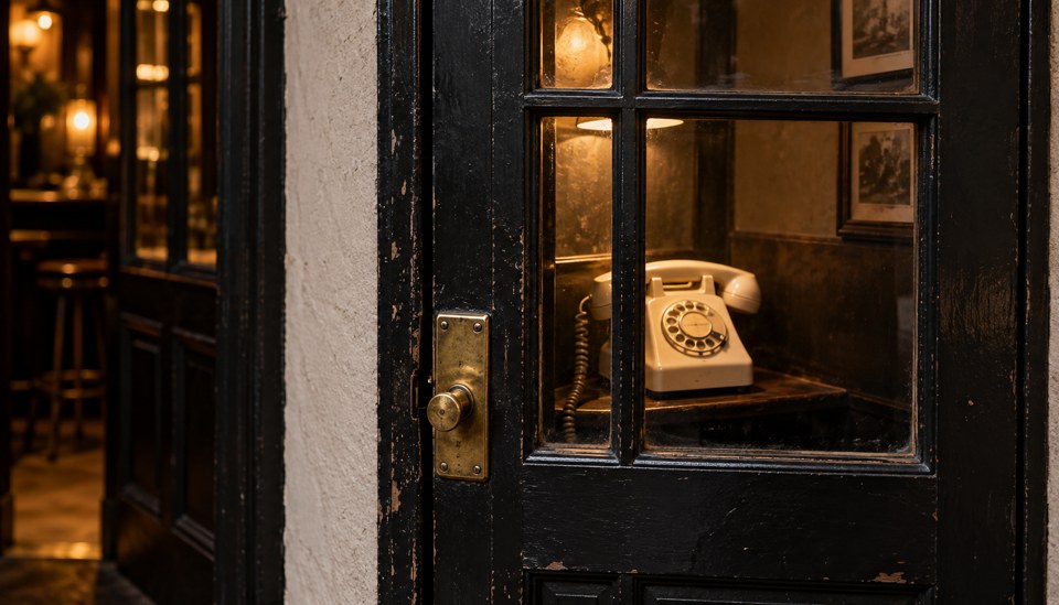 A black and brass telephone booth standing against a dark wall, ivory handset lit from within