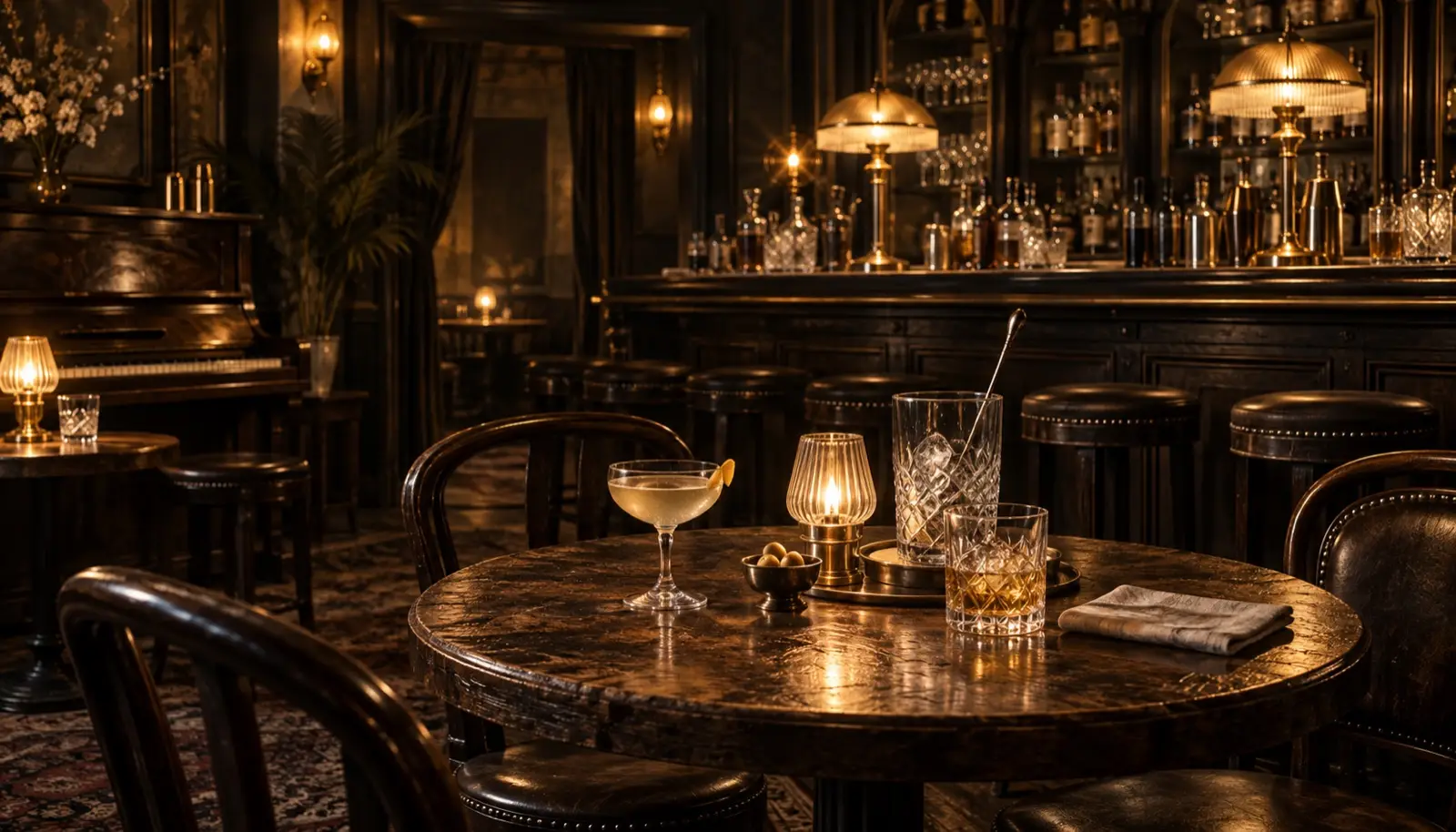 Backroom cocktail interior in worn oak and brass, empty of people