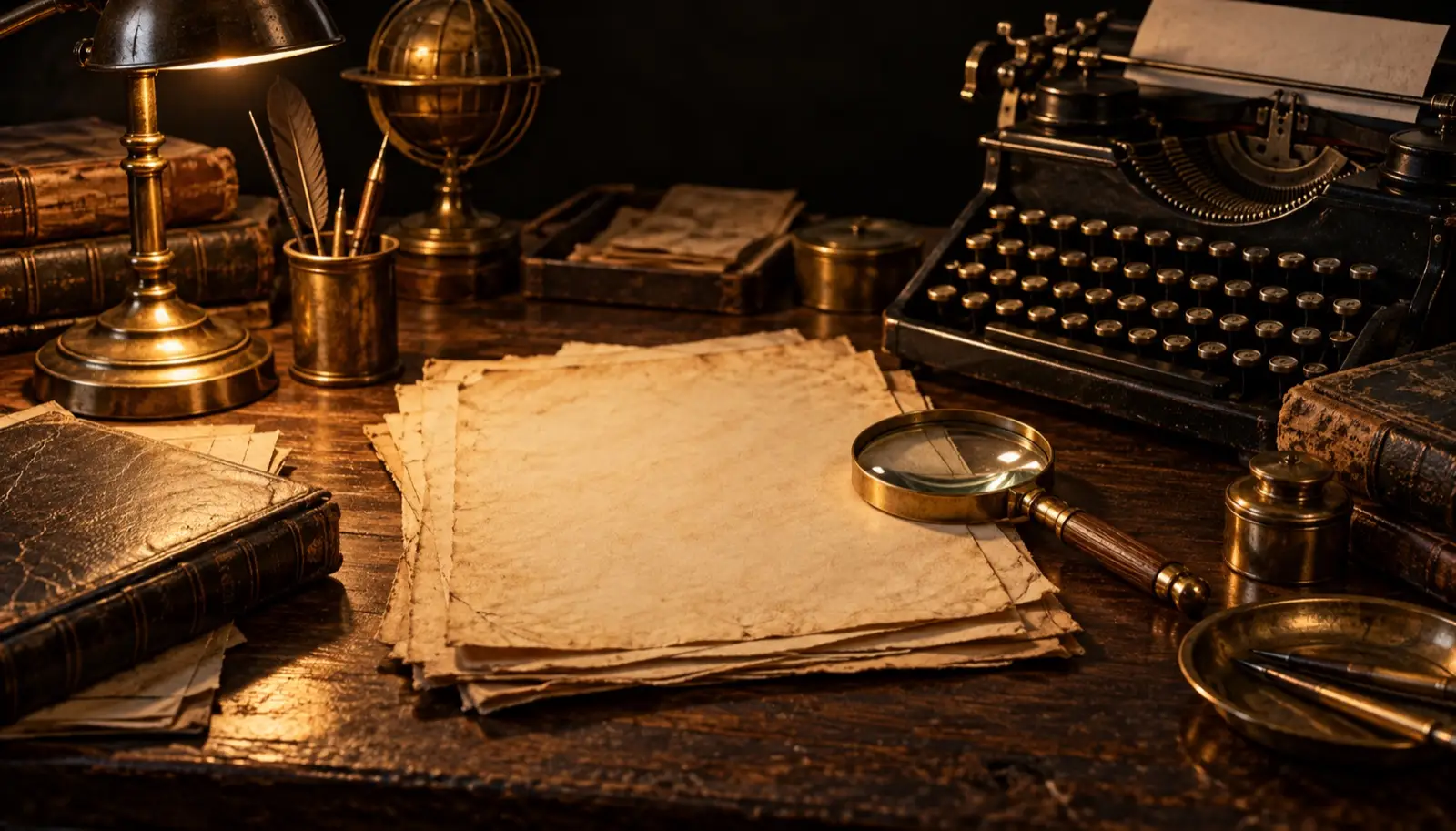 Research desk with blank aged paper, a brass magnifier and a period typewriter