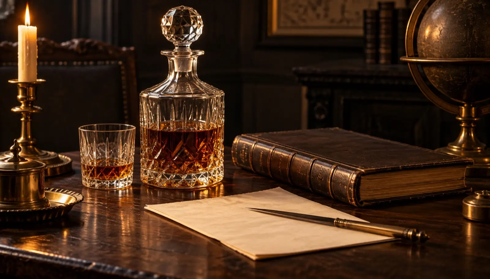 Crystal decanter beside a closed ledger and ivory paper on dark oak
