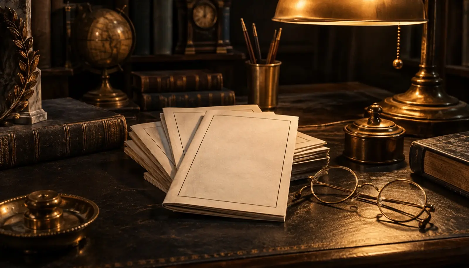 Temperance-era still life: blank pamphlets and brass spectacles on dark wood