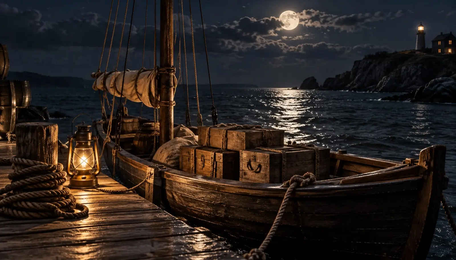 Wooden boat and closed cargo crates on a coast at night, lit by a gold lantern