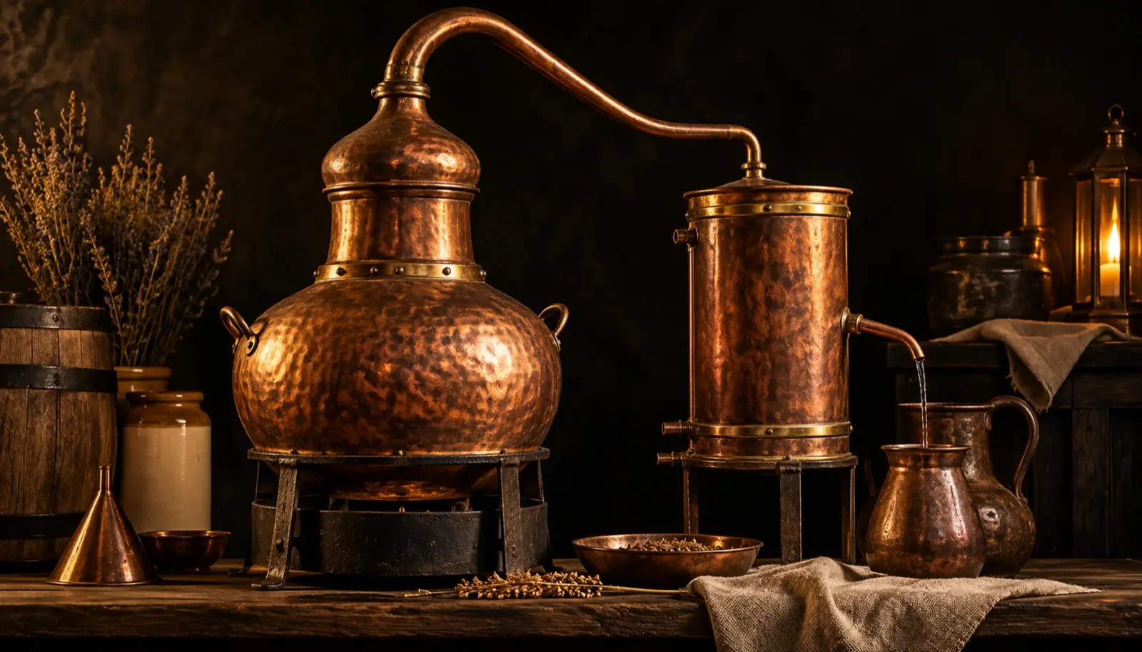 Copper distillation apparatus displayed as a museum object against black