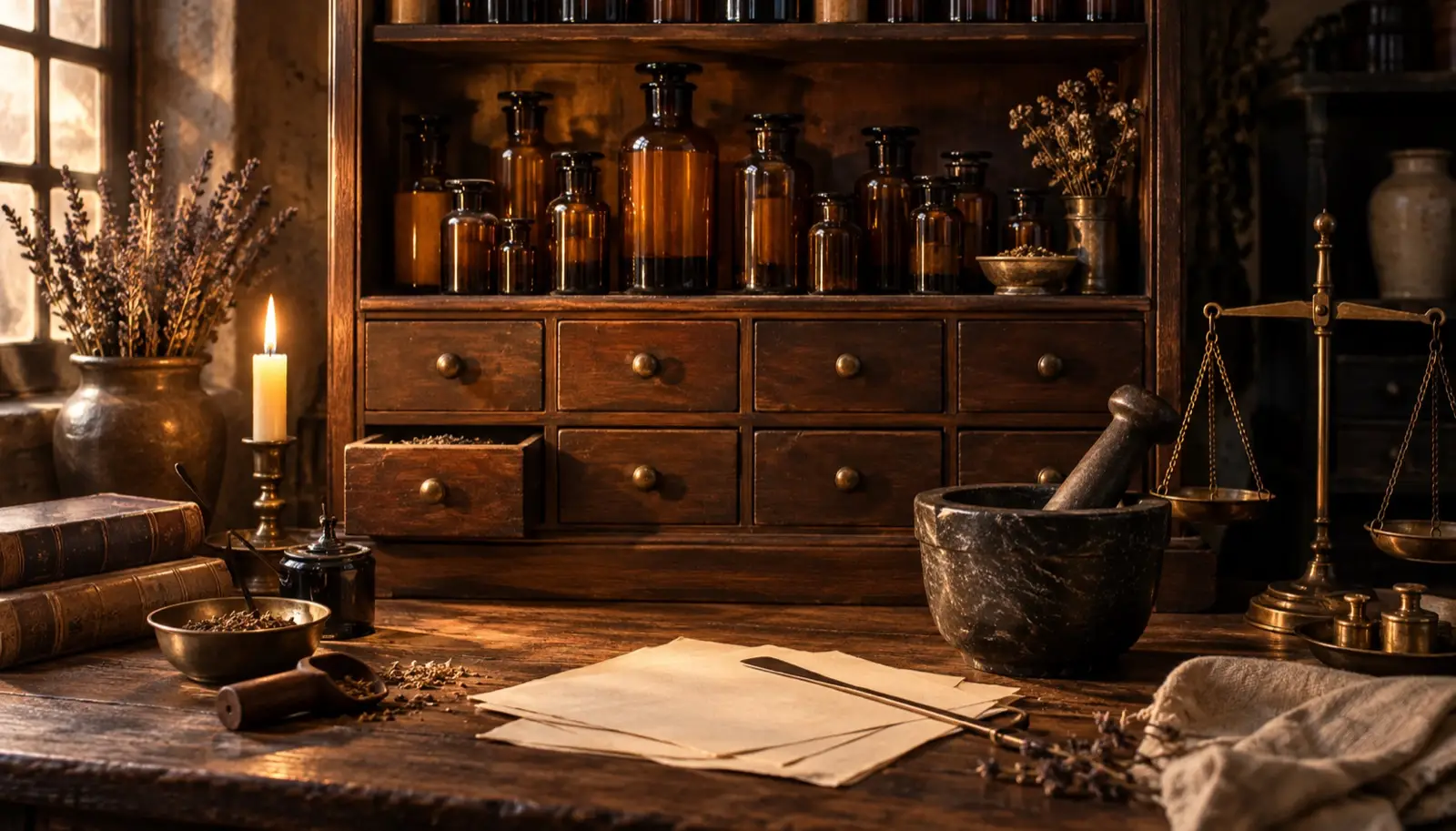 Apothecary cabinet of unlabelled amber bottles and blank paper forms