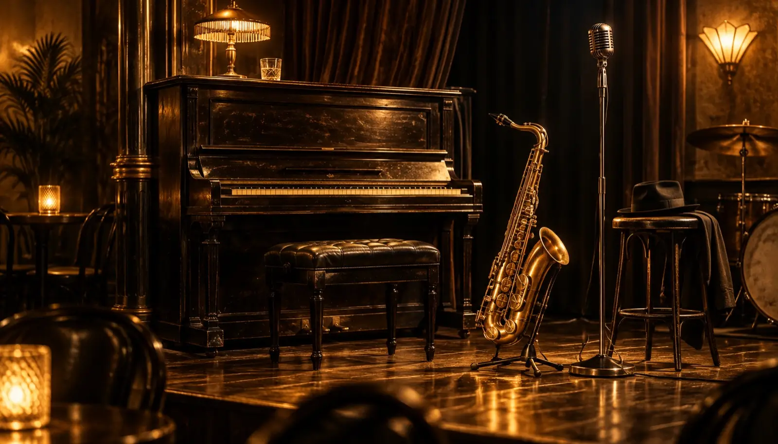 Empty jazz stage with an upright piano and saxophone under warm gold light