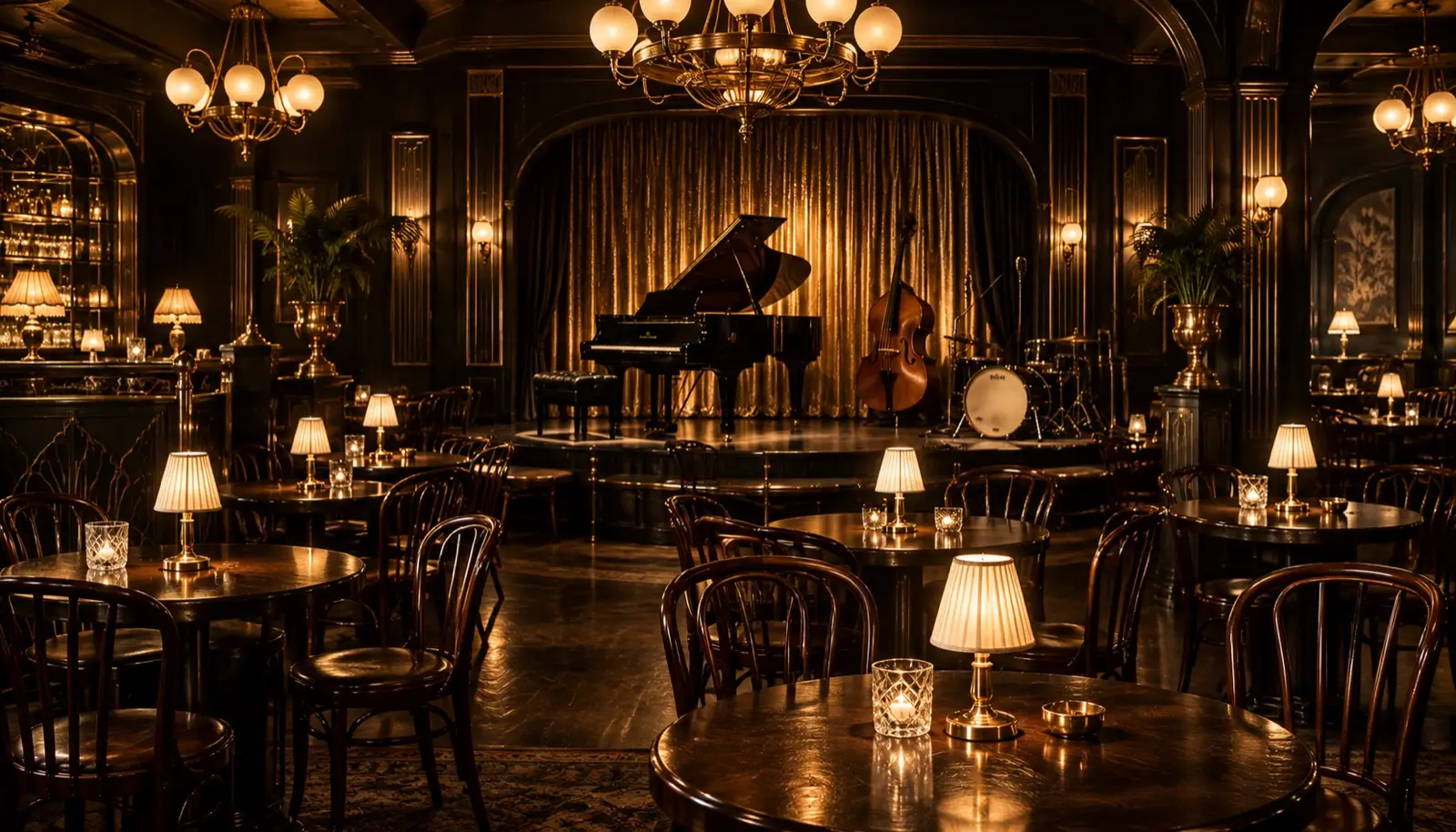 Nightclub seating in dark oak under brass chandeliers, empty of people