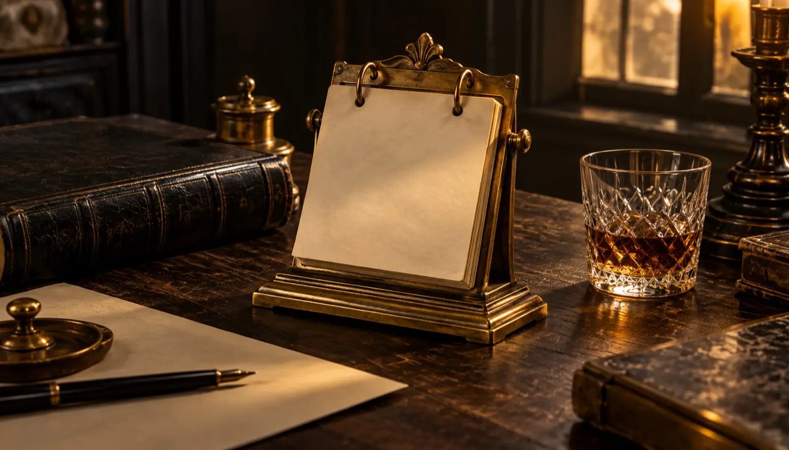 Aged brass calendar frame beside a closed ledger and a crystal glass