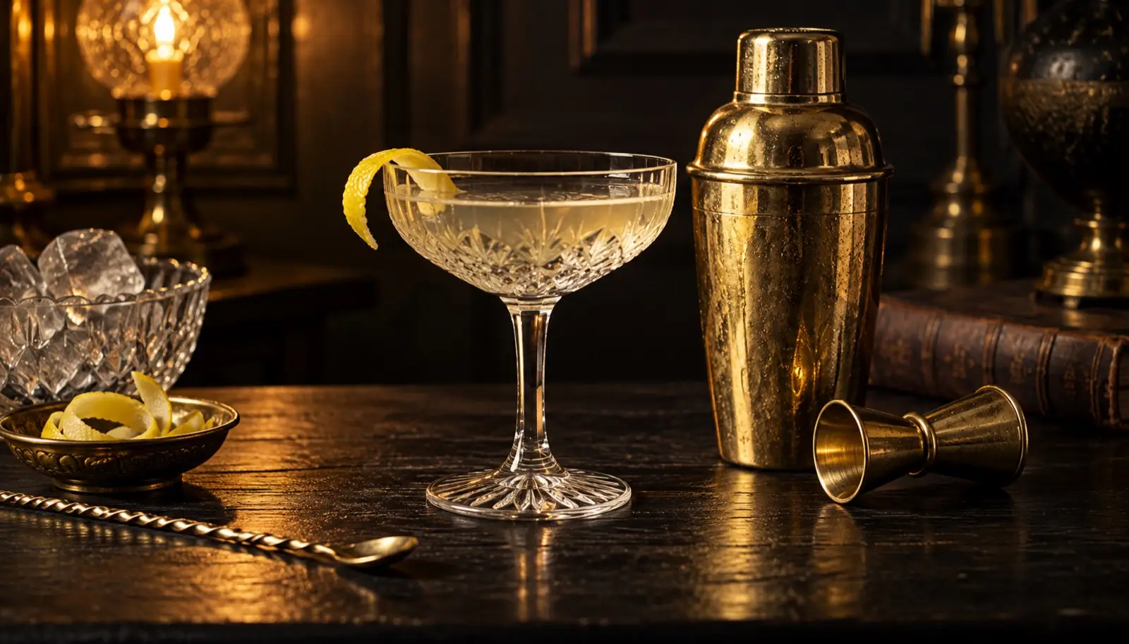 Cut crystal coupe and brass shaker on black oak