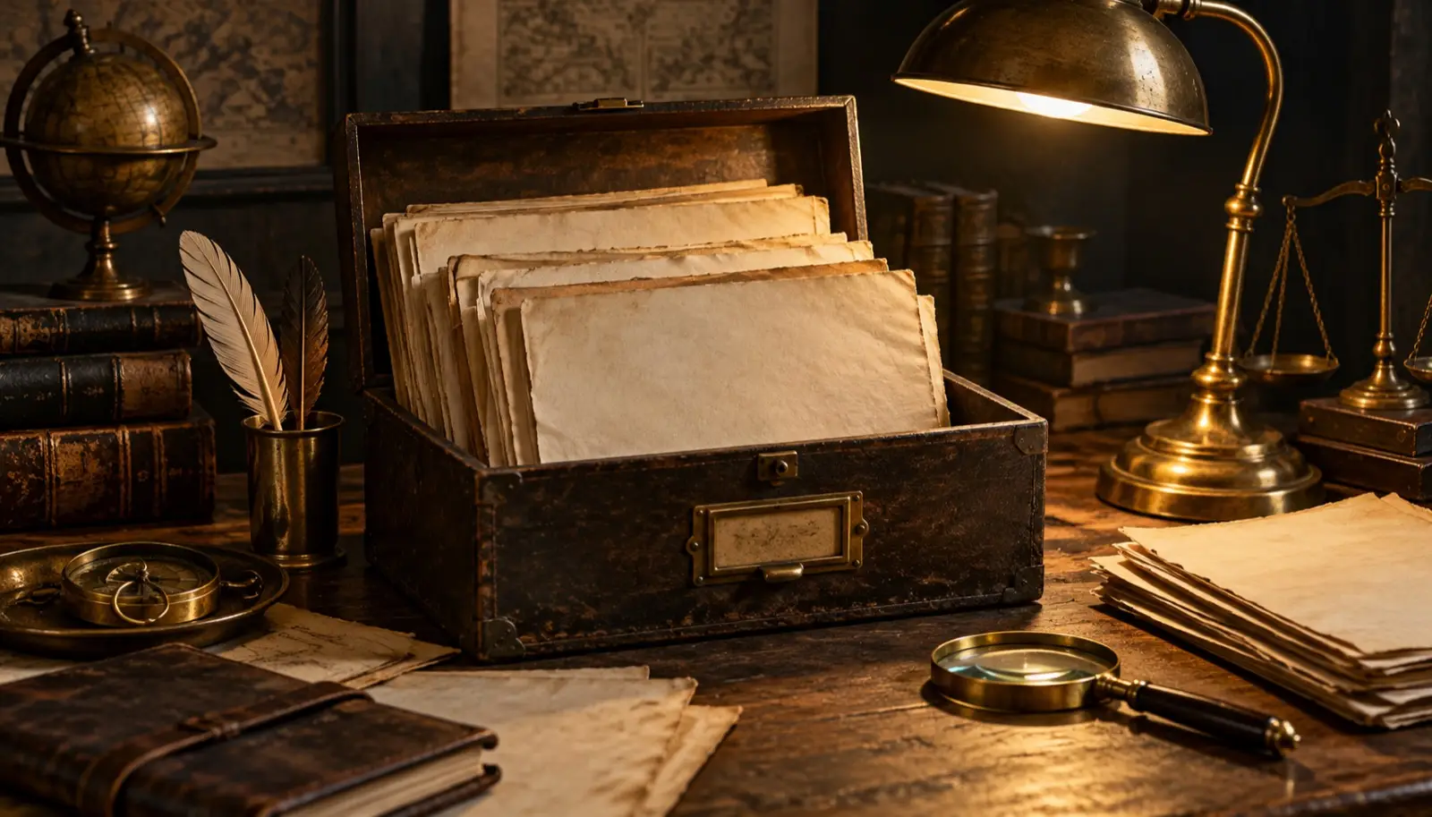 Open archive box of blank aged documents under a brass desk lamp