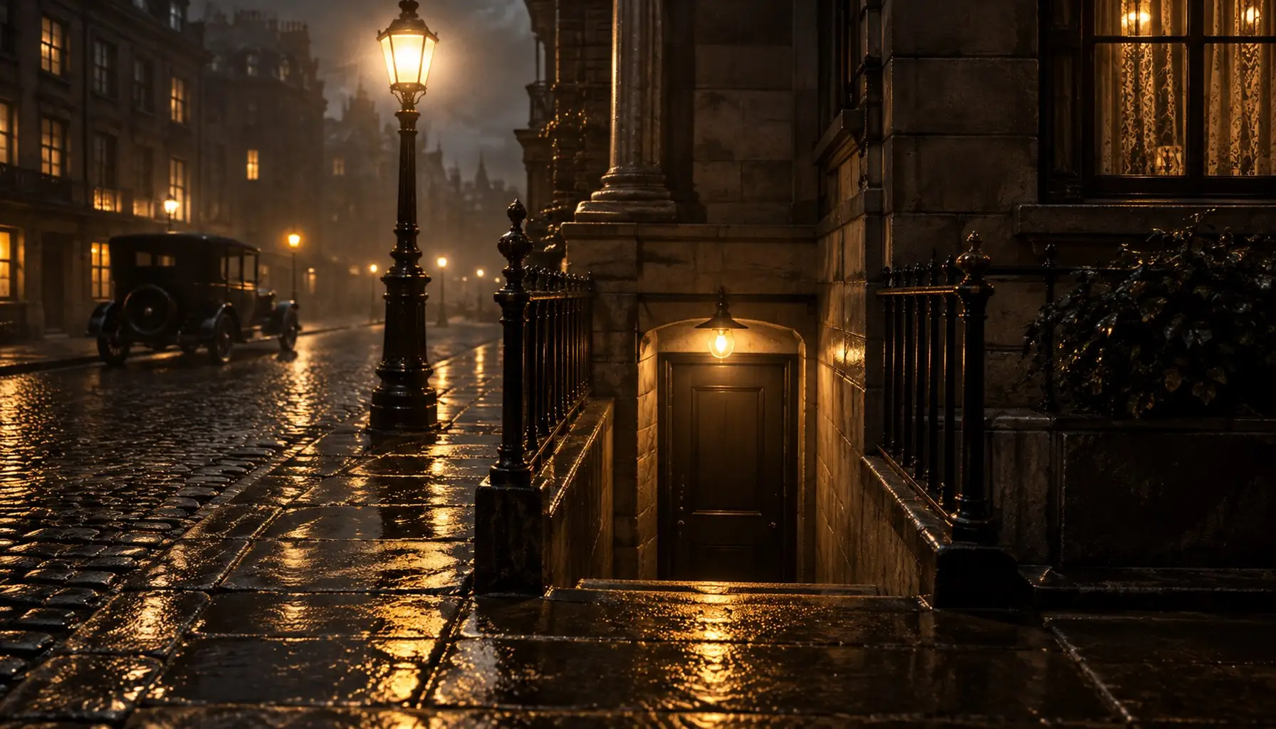 A 1920s city street at night, wet cobbles and one gold streetlamp above an unmarked doorway below pavement level