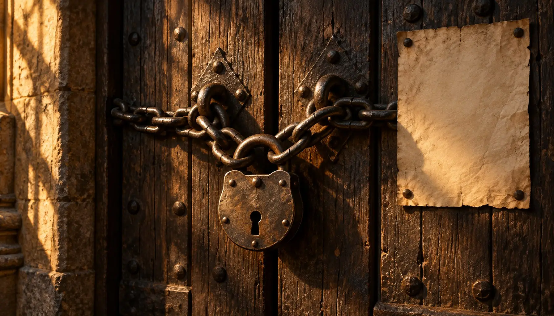 A heavy padlock and chain across a closed timber door, with a blank official notice nailed beside it
