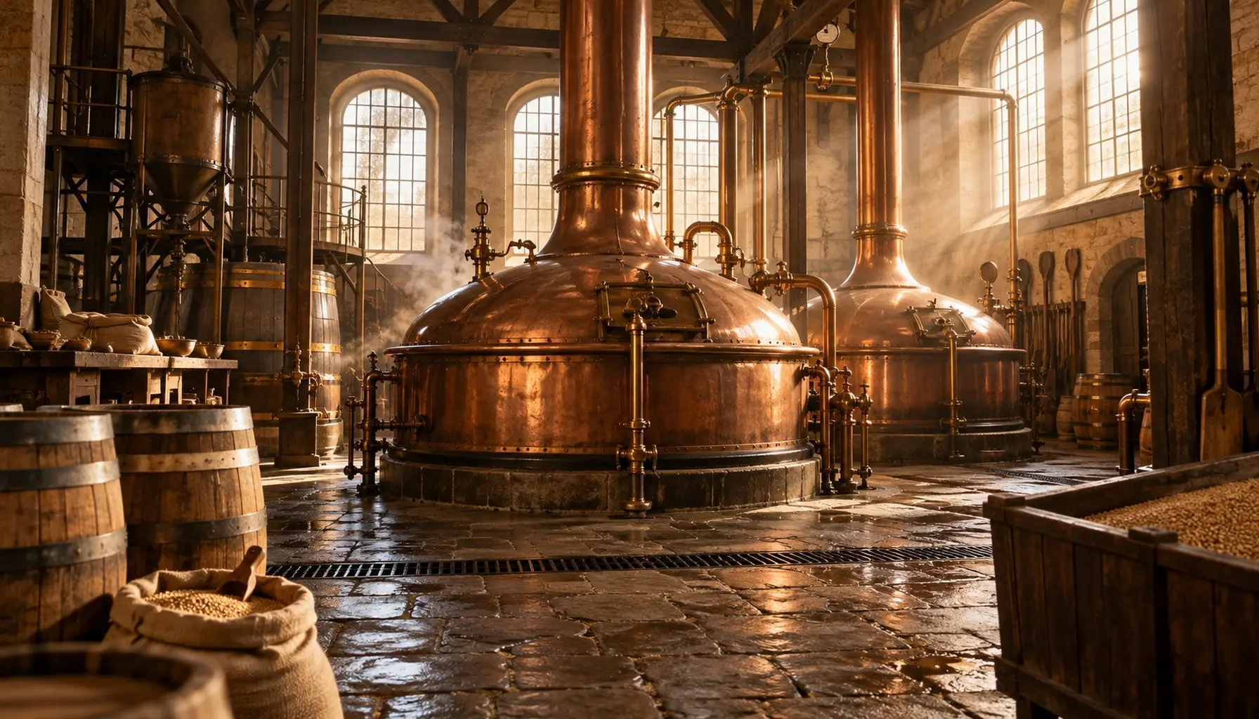 An empty brewery floor with copper kettles and brass fittings under high windows