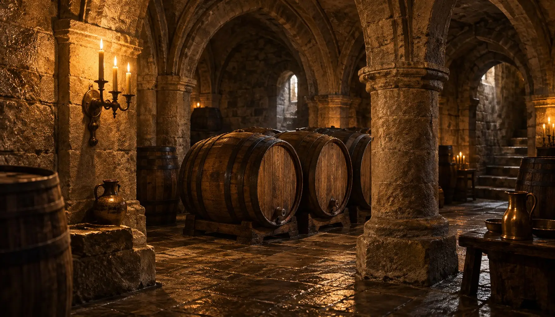 A stone church undercroft with oak barrels and a brass candle sconce