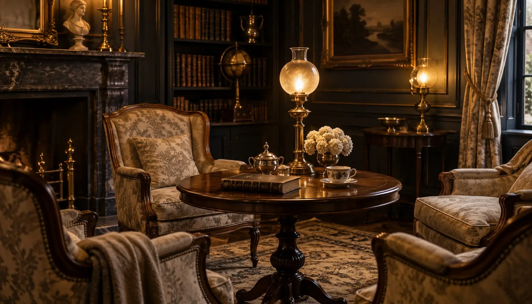 A period women's club interior: upholstered chairs around a low table under brass lamps