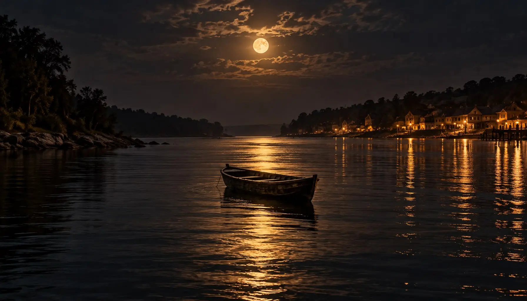 A wide river at night between two low shorelines, a small unlit wooden boat mid-channel