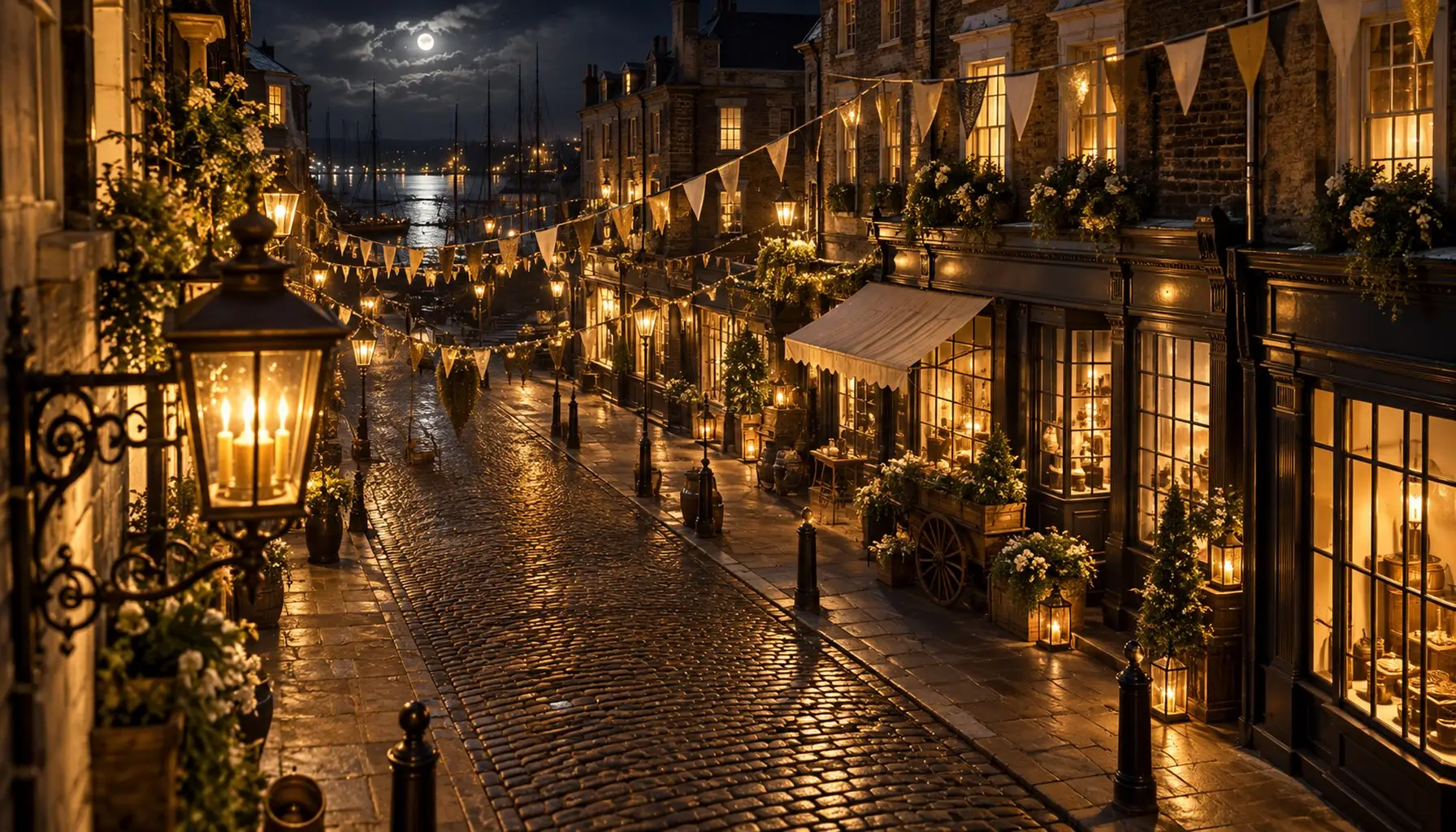 A celebratory street at night seen from above, bunting and gold lamplight along a row of shopfronts