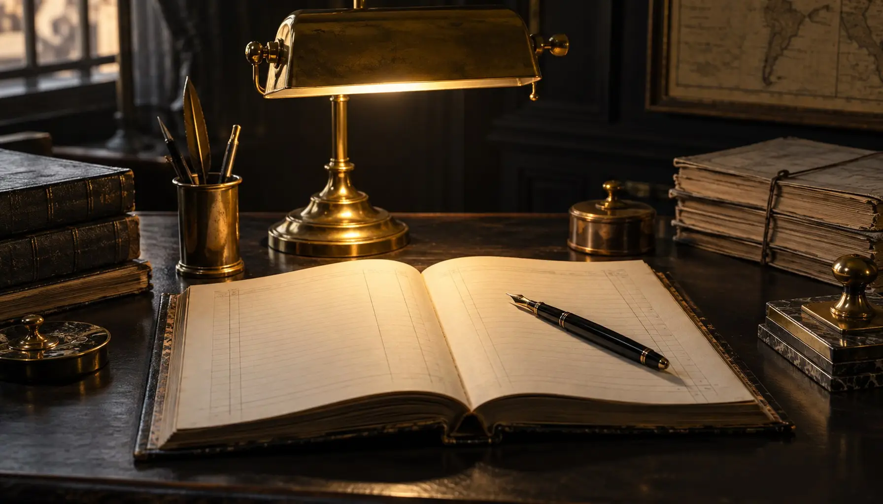 A ledger, fountain pen and brass bankers lamp on a dark desk, pages blank