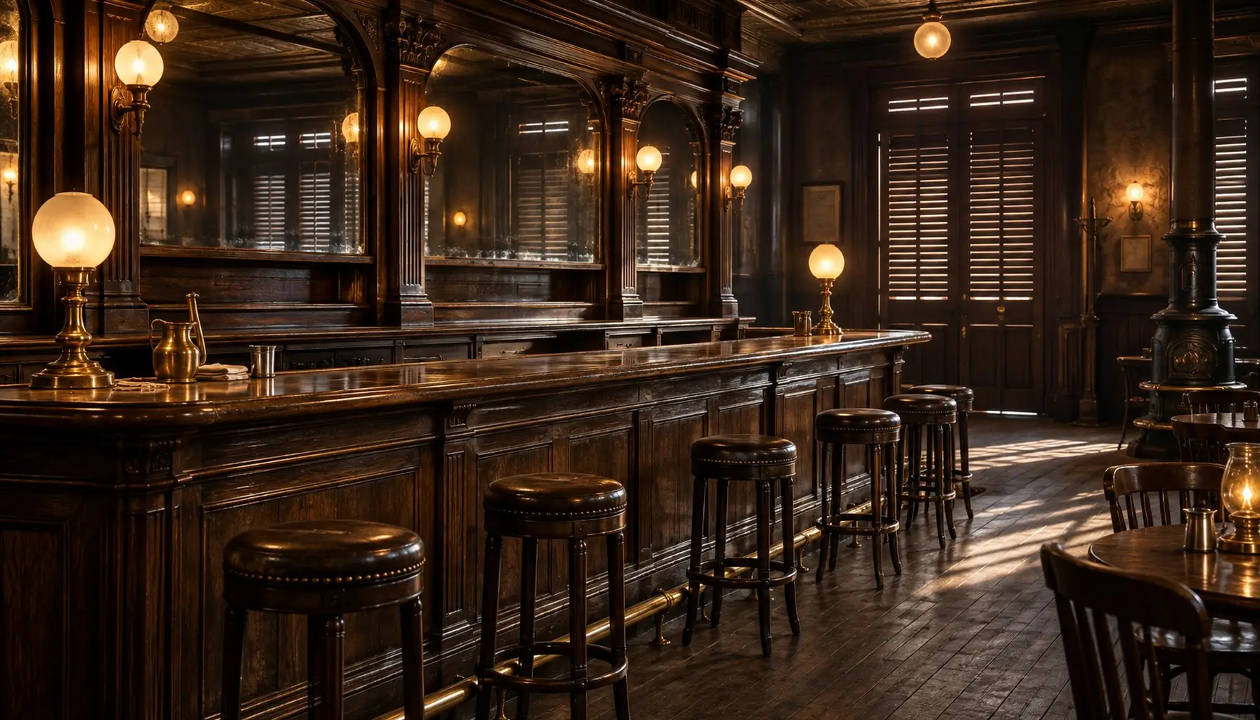The long wooden bar counter of an empty 1910s saloon, brass rail, mirrored back bar without bottles