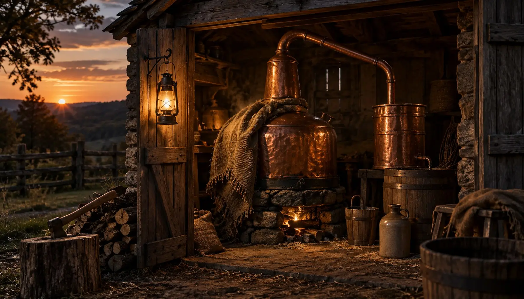 A farm outbuilding at dusk with a copper still partly covered by sacking and a lantern on a hook
