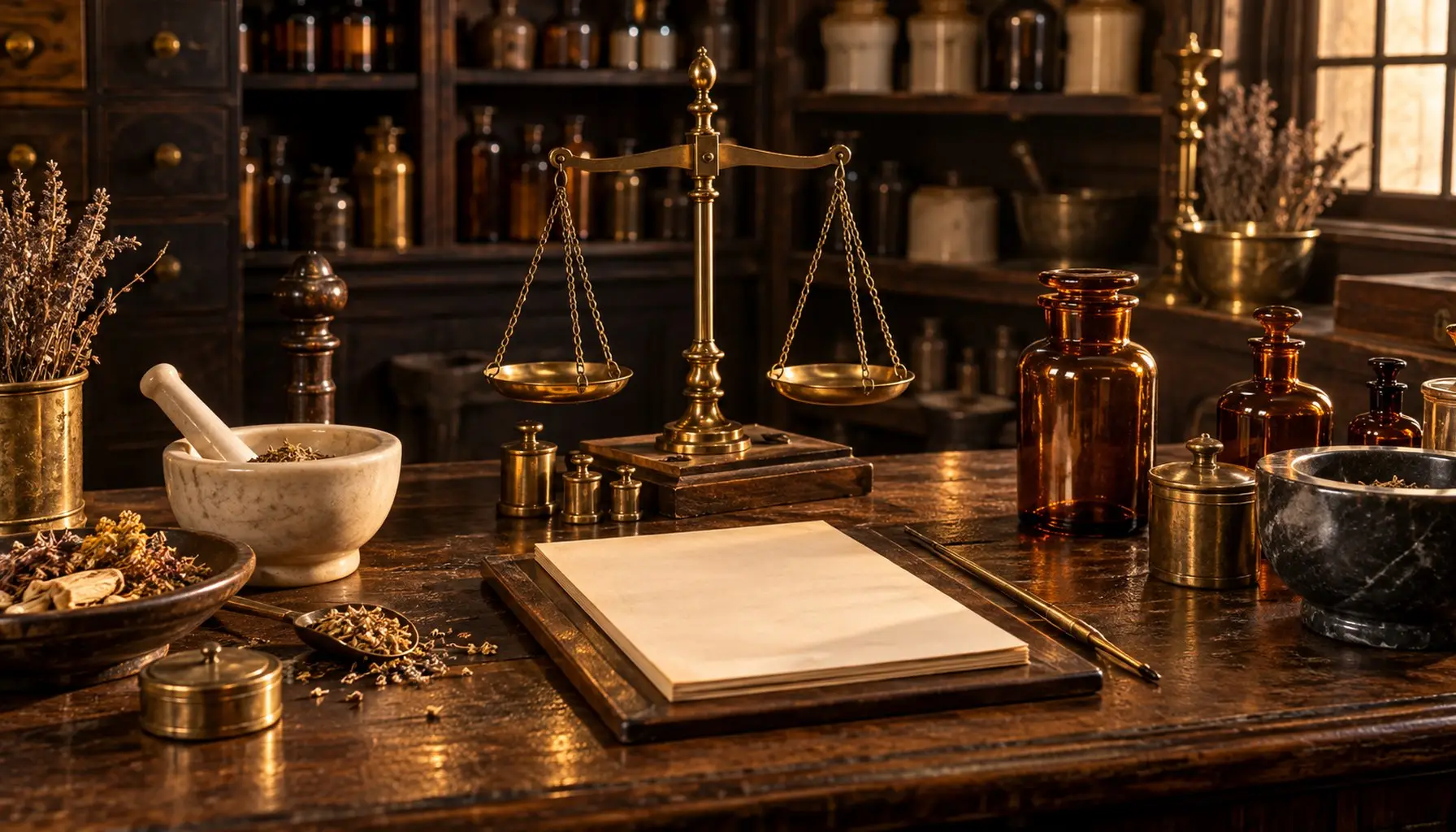A pharmacy counter with apothecary scales, a blank prescription pad and amber glass