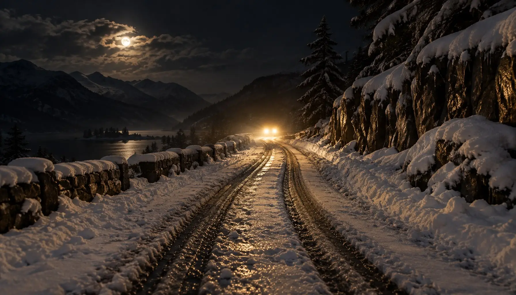 A snow-covered northern border road at night, tyre tracks and one distant pair of headlamps