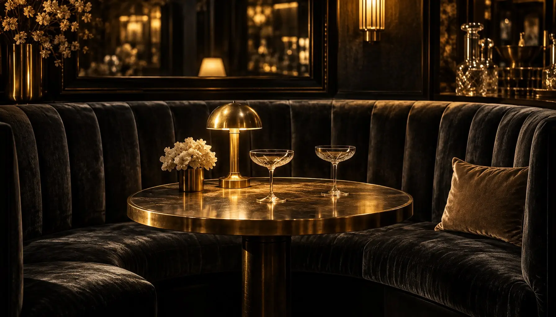 A velvet banquette booth in a dim bar, low brass table lamp, two empty coupe glasses