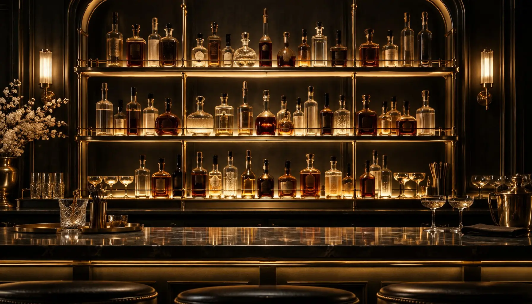 Back bar shelves of unlabelled bottles lit from beneath, brass edging, deep shadow
