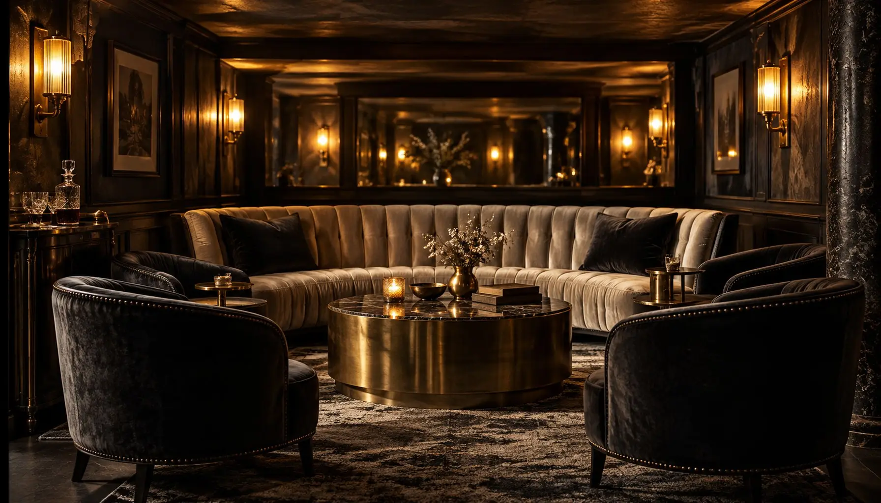 An upholstered lounge with a low ceiling and brass wall sconces casting long shadows